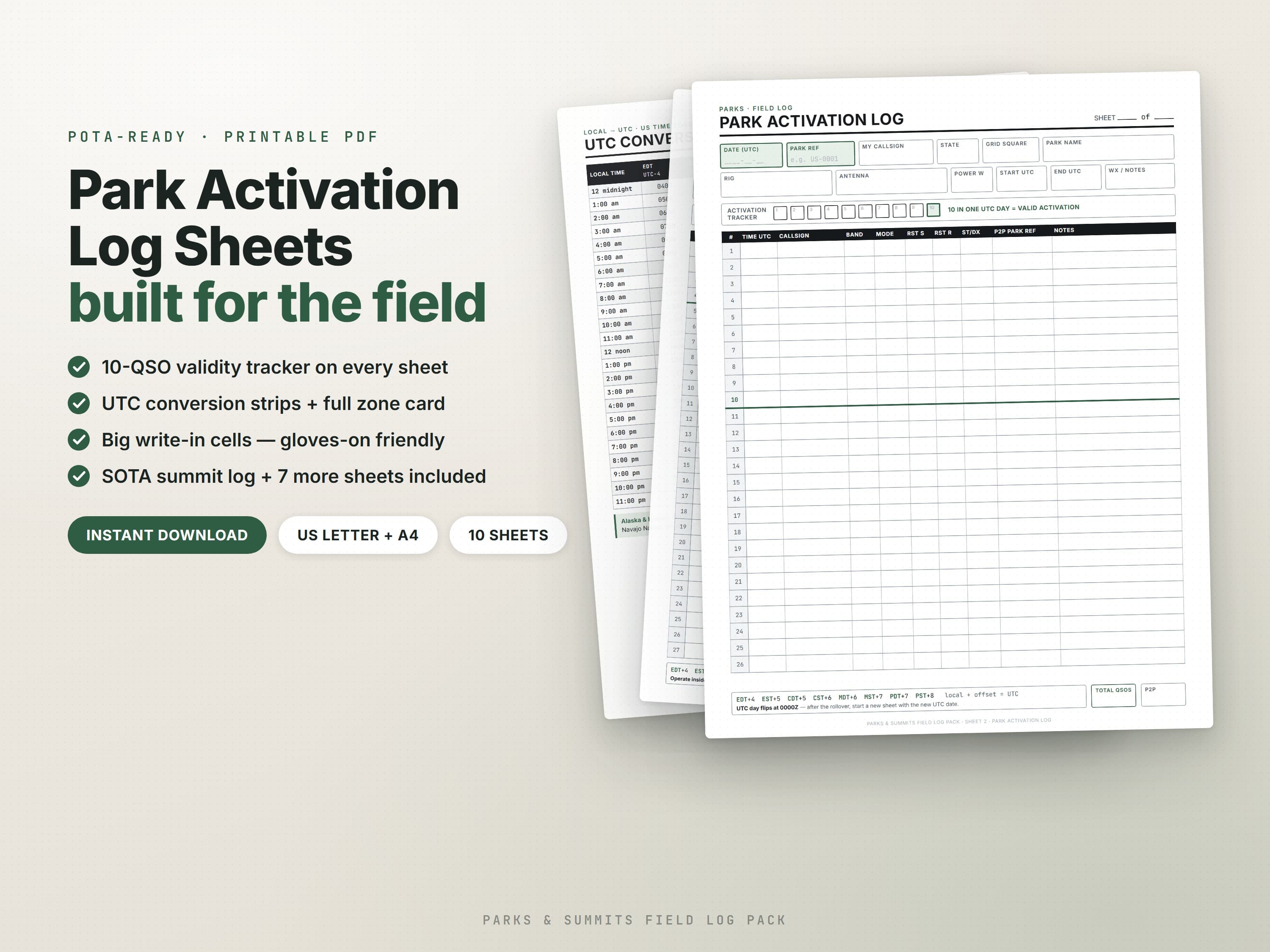 Preview of the Parks & Summits Field Log Pack printable log sheets